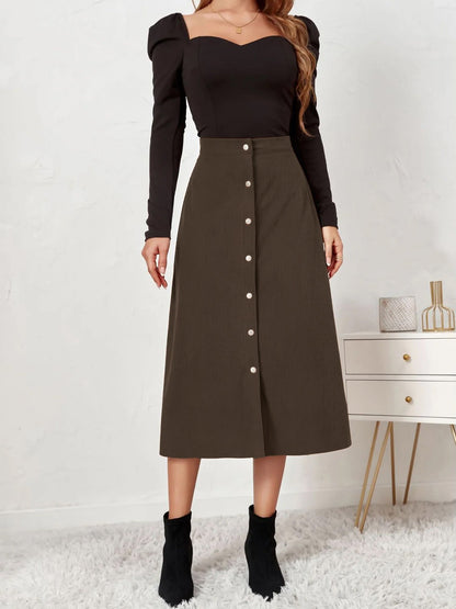 Corduroy Buttoned Split Solid Color A-Line Midi Skirt