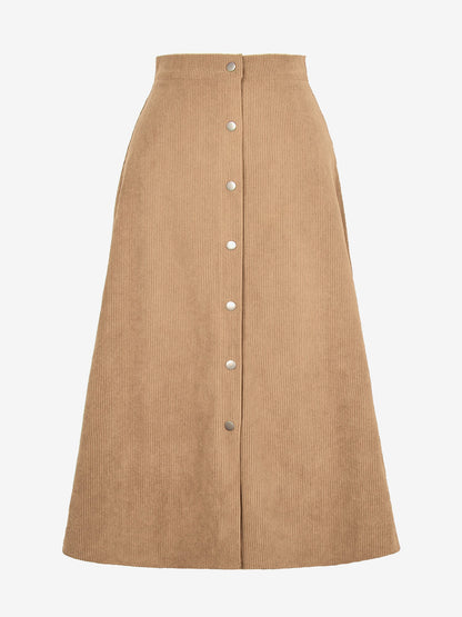 Corduroy Buttoned Split Solid Color A-Line Midi Skirt