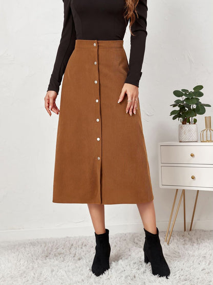 Corduroy Buttoned Split Solid Color A-Line Midi Skirt
