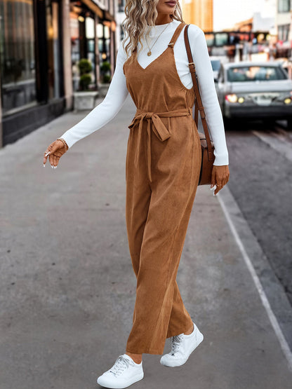 Corduroy Solid Color Belted Lace-Up Overalls Jumpsuits