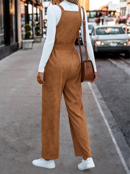 Corduroy Solid Color Belted Lace-Up Overalls Jumpsuits