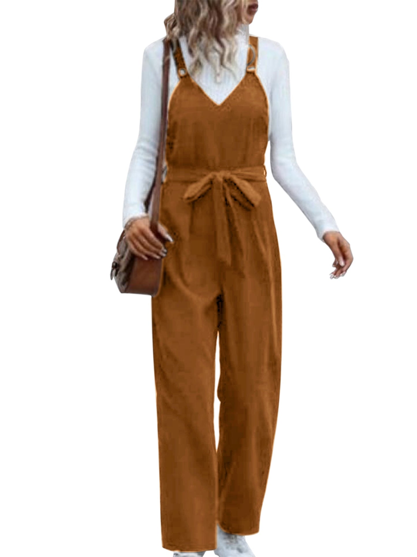 Corduroy Solid Color Belted Lace-Up Overalls Jumpsuits
