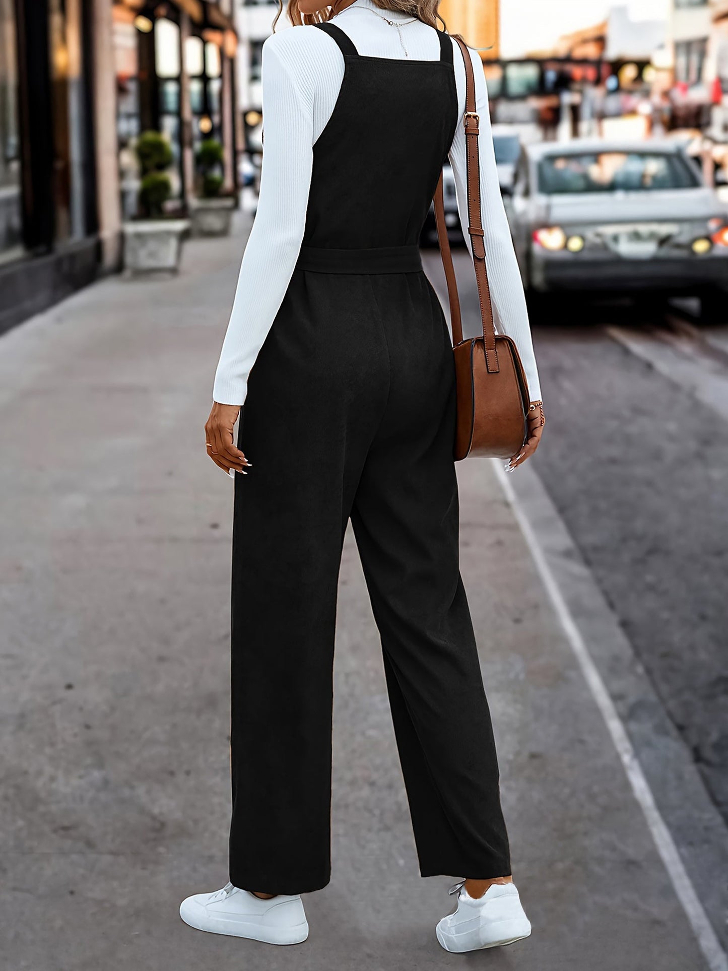 Corduroy Solid Color Belted Lace-Up Overalls Jumpsuits