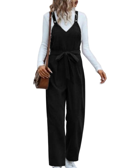 Corduroy Solid Color Belted Lace-Up Overalls Jumpsuits