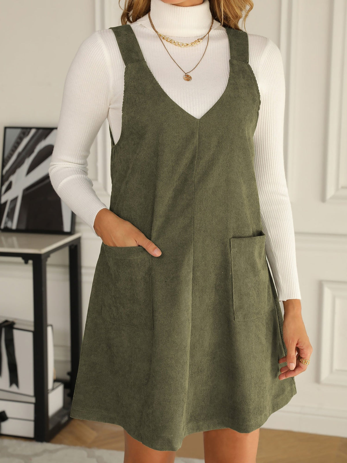 Solid Color Corduroy Pocketed Overalls Pinafore Dress