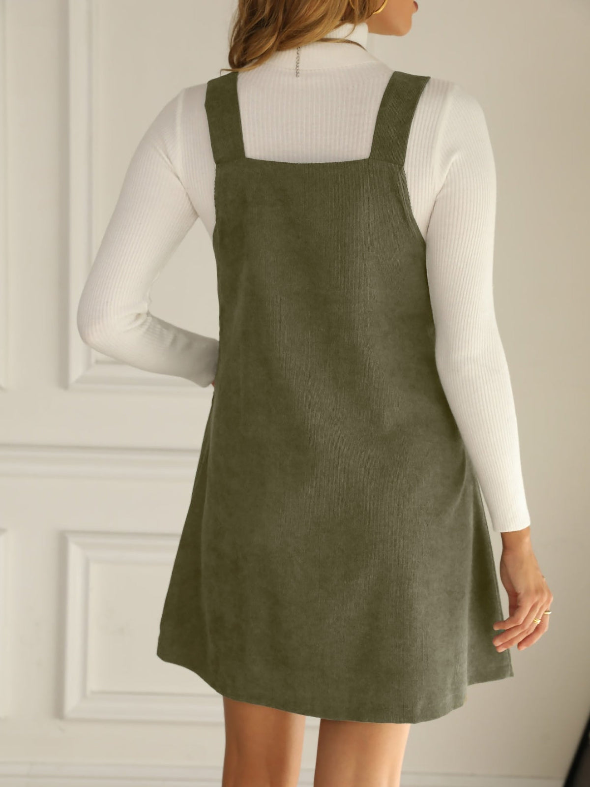 Solid Color Corduroy Pocketed Overalls Pinafore Dress