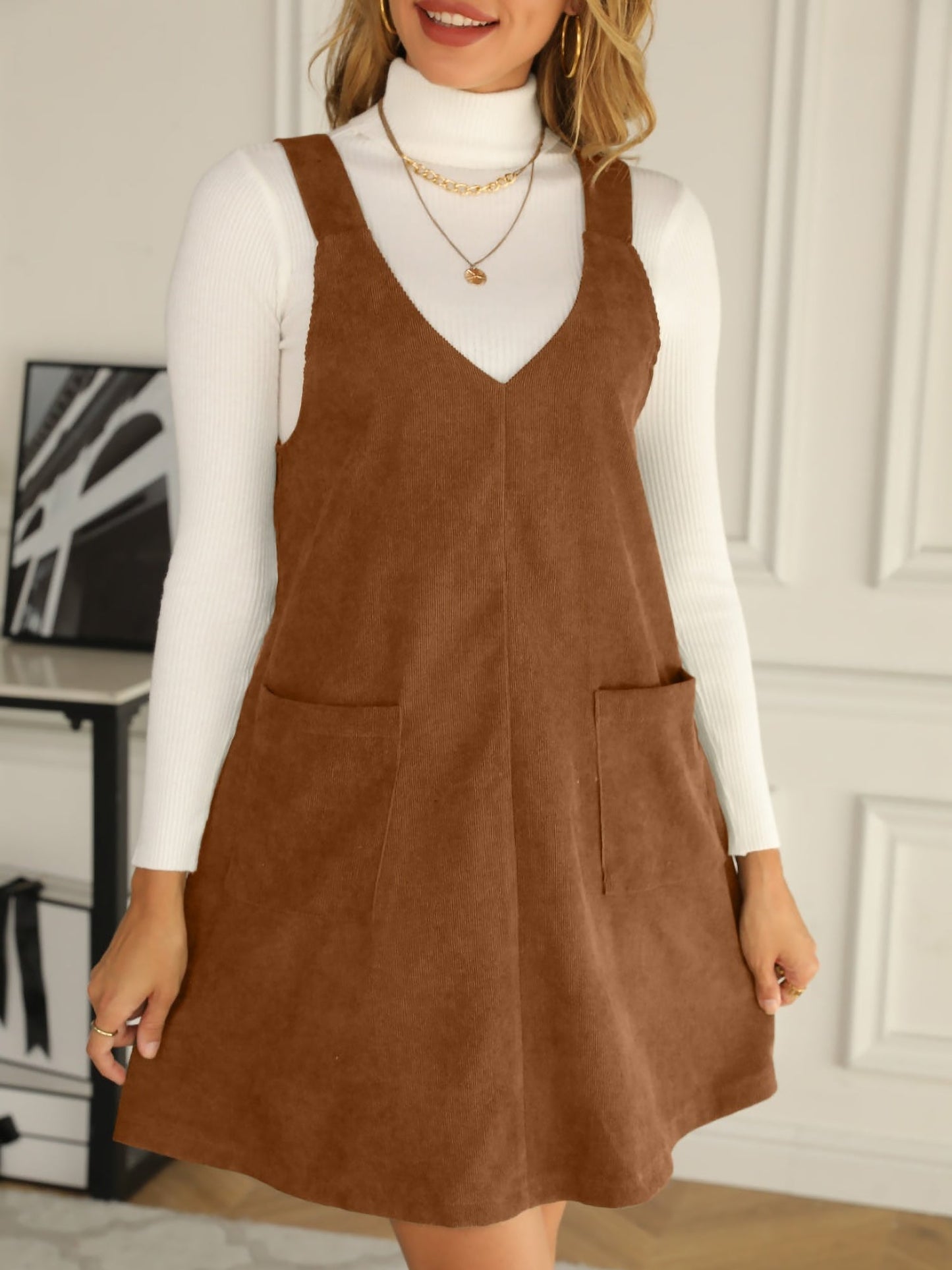 Solid Color Corduroy Pocketed Overalls Pinafore Dress