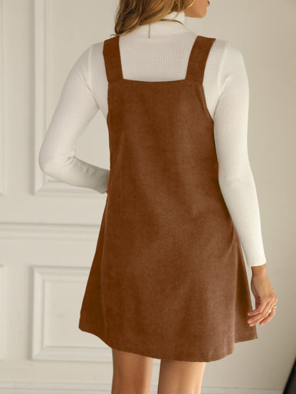 Solid Color Corduroy Pocketed Overalls Pinafore Dress