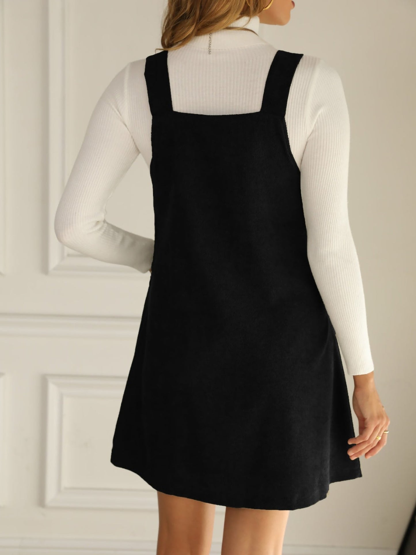 Solid Color Corduroy Pocketed Overalls Pinafore Dress