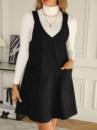 Solid Color Corduroy Pocketed Overalls Pinafore Dress