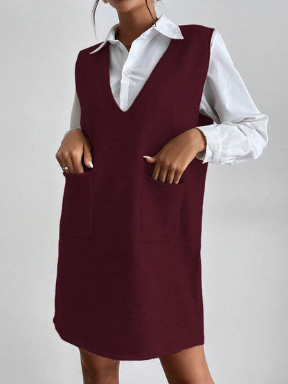 V Neck Sleeveless Pocketed Knit Mini Sweater Dress