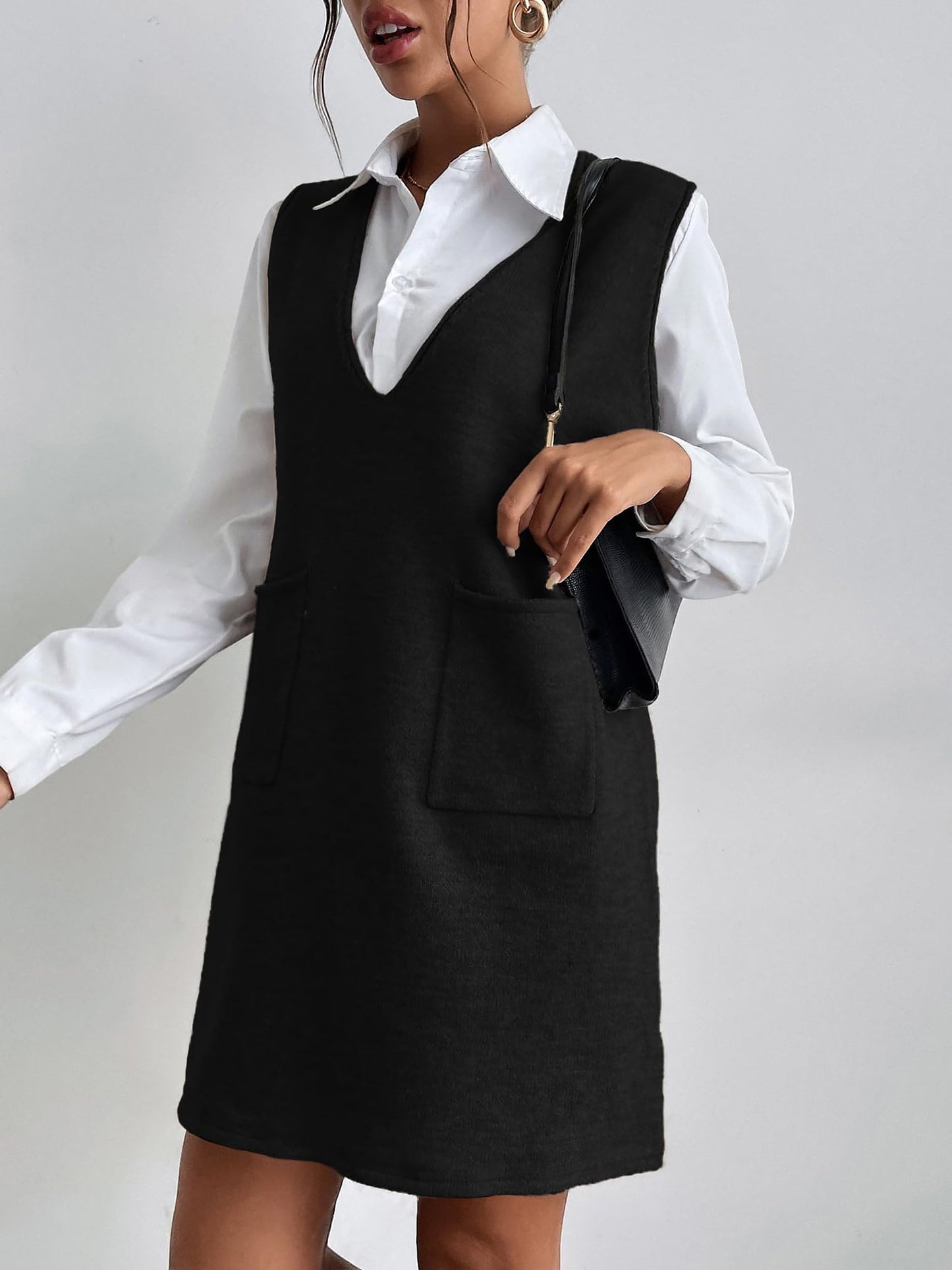 V Neck Sleeveless Pocketed Knit Mini Sweater Dress