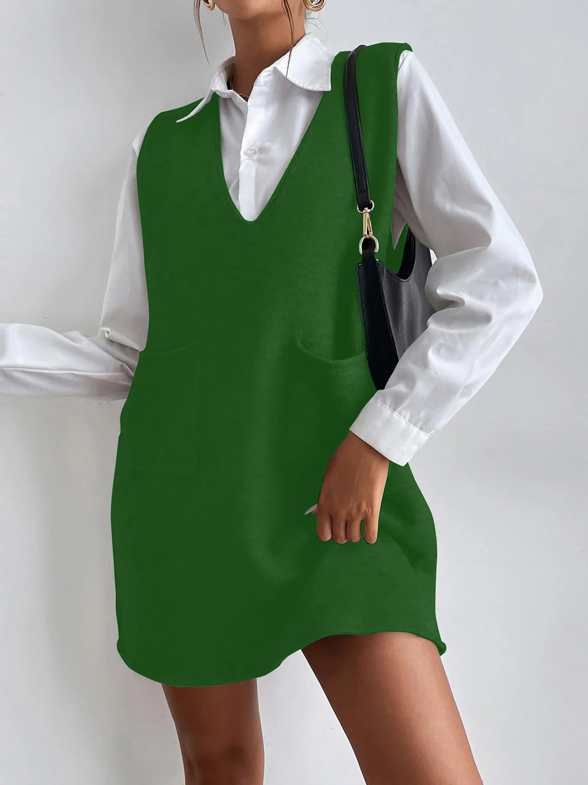 V Neck Sleeveless Pocketed Knit Mini Sweater Dress