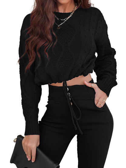Twist Knit Long Sleeves Lace-Up Cropped Sweater