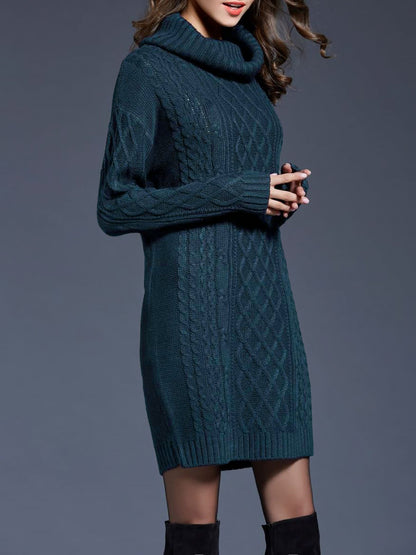 Turtle Neck Twist Knit Long Sleeves Mini Sweater Dress