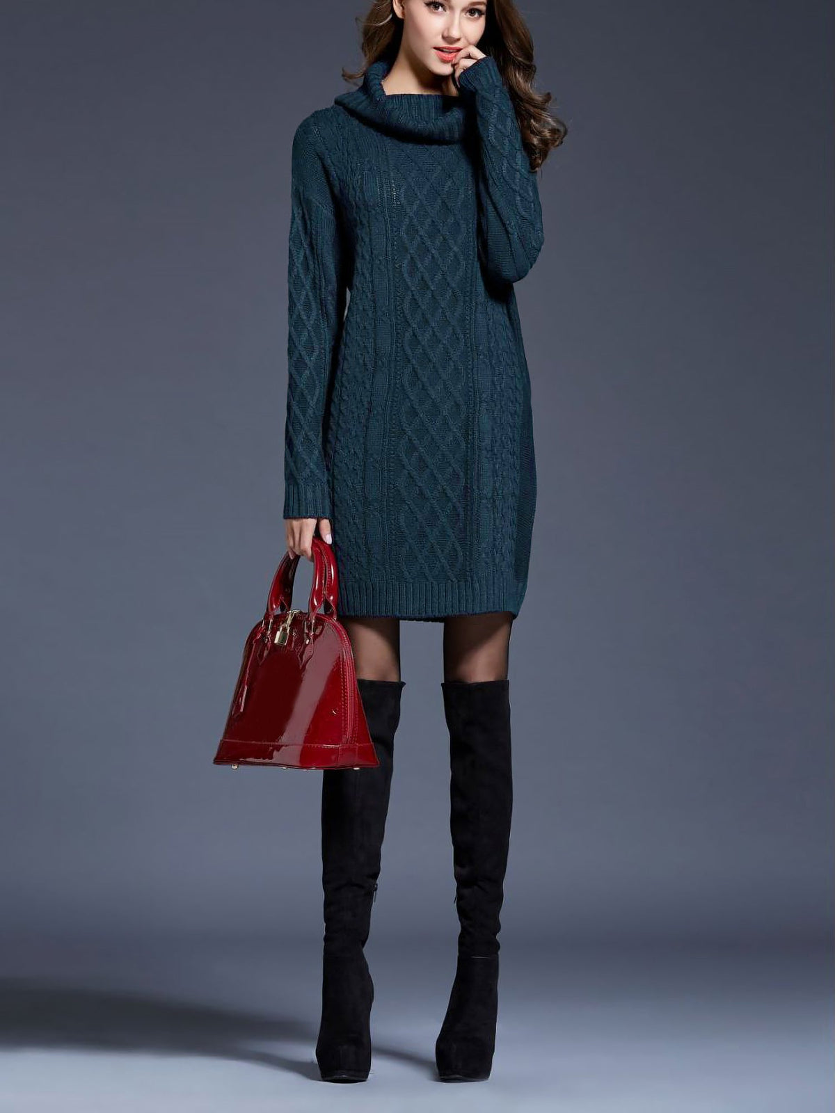 Turtle Neck Twist Knit Long Sleeves Mini Sweater Dress