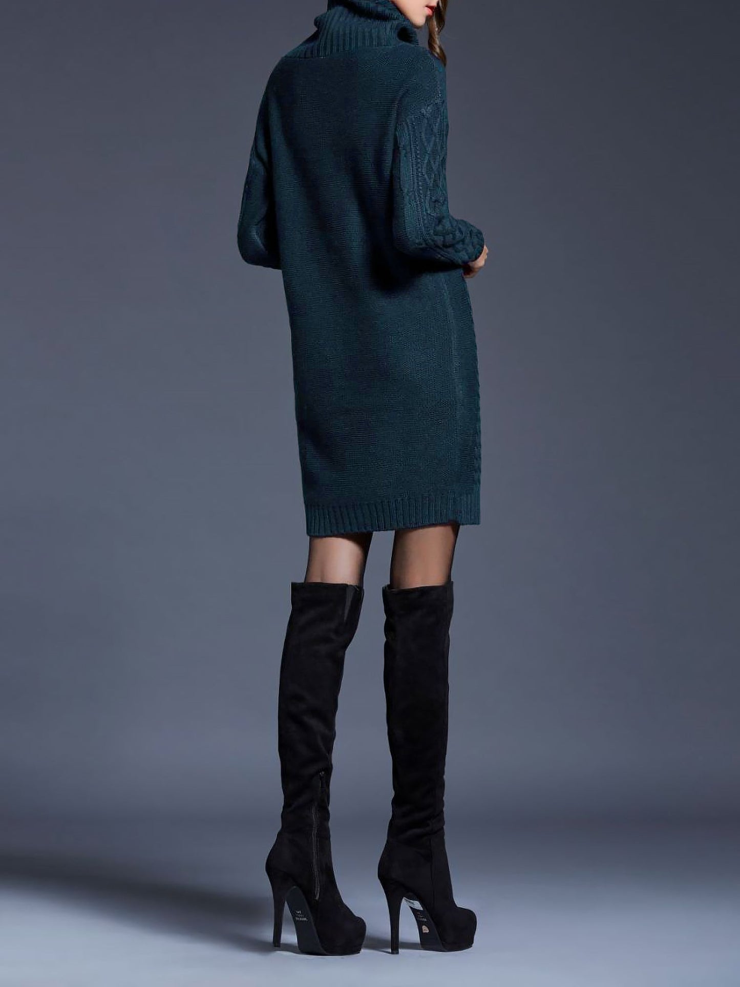 Turtle Neck Twist Knit Long Sleeves Mini Sweater Dress