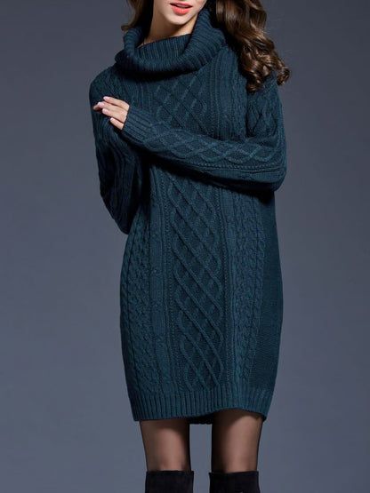Turtle Neck Twist Knit Long Sleeves Mini Sweater Dress