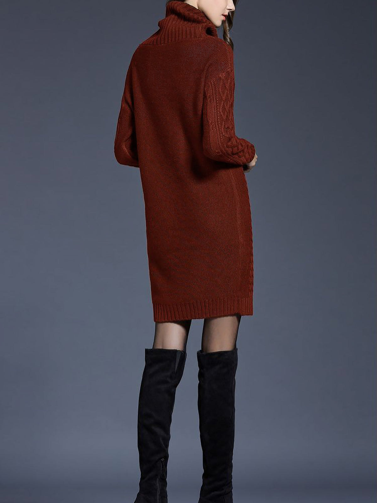 Turtle Neck Twist Knit Long Sleeves Mini Sweater Dress