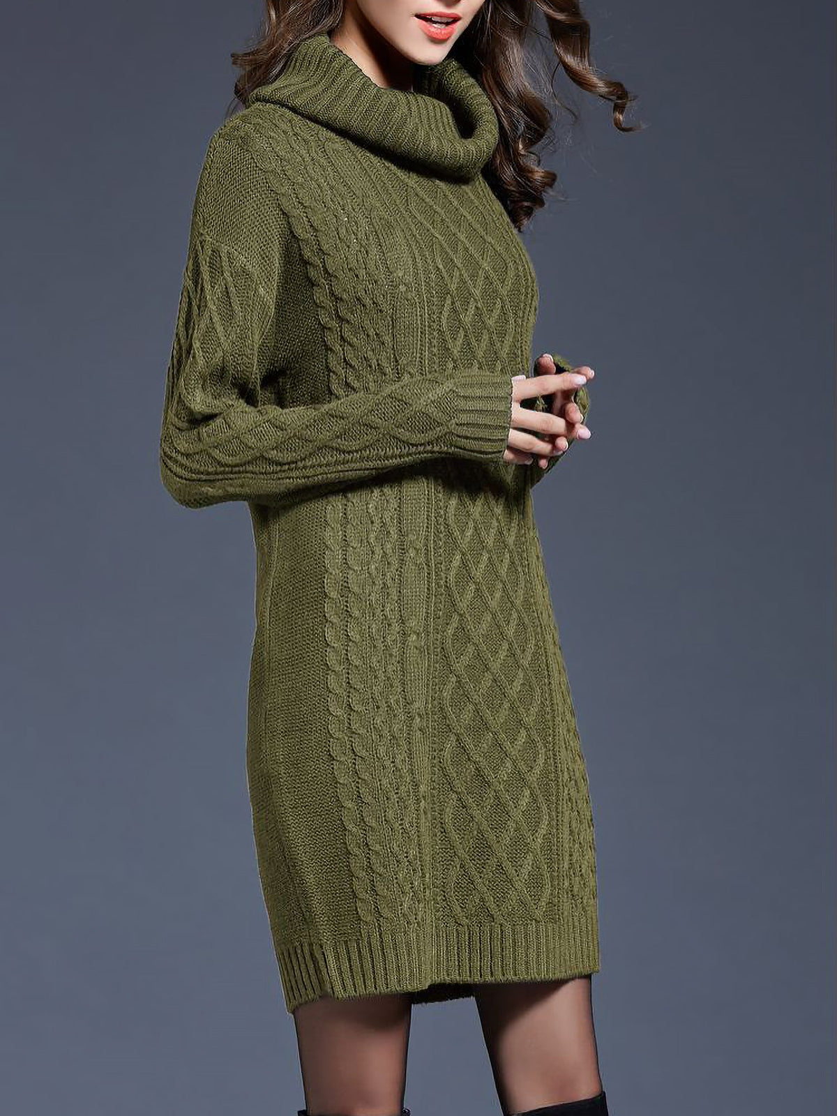 Turtle Neck Twist Knit Long Sleeves Mini Sweater Dress