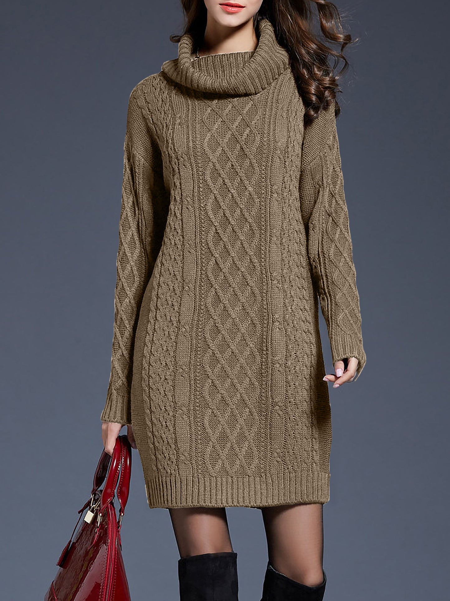 Turtle Neck Twist Knit Long Sleeves Mini Sweater Dress