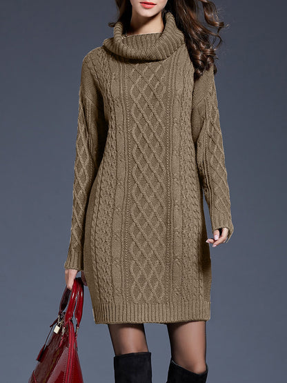 Turtle Neck Twist Knit Long Sleeves Mini Sweater Dress