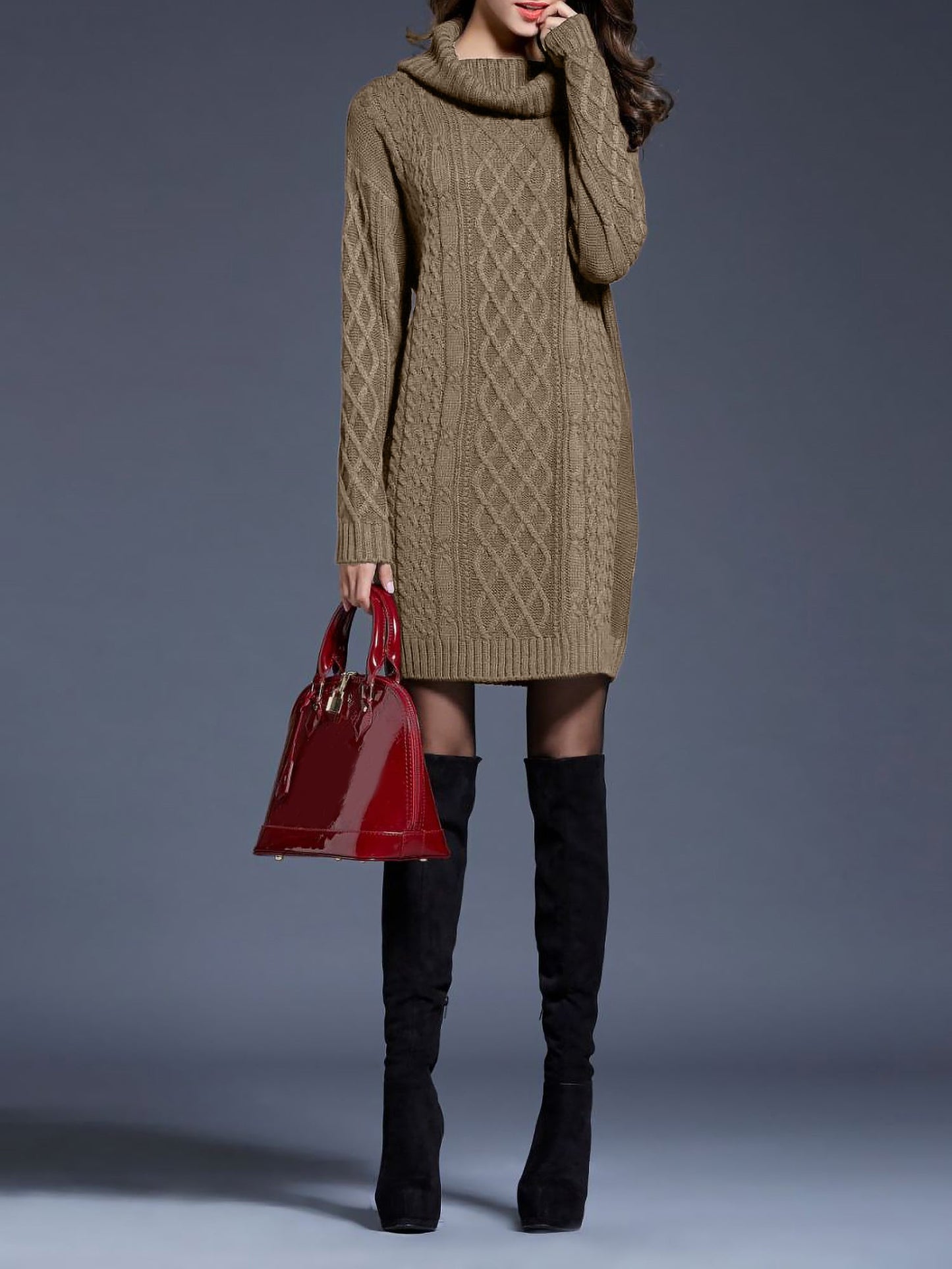 Turtle Neck Twist Knit Long Sleeves Mini Sweater Dress