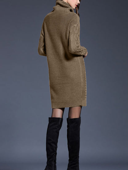 Turtle Neck Twist Knit Long Sleeves Mini Sweater Dress