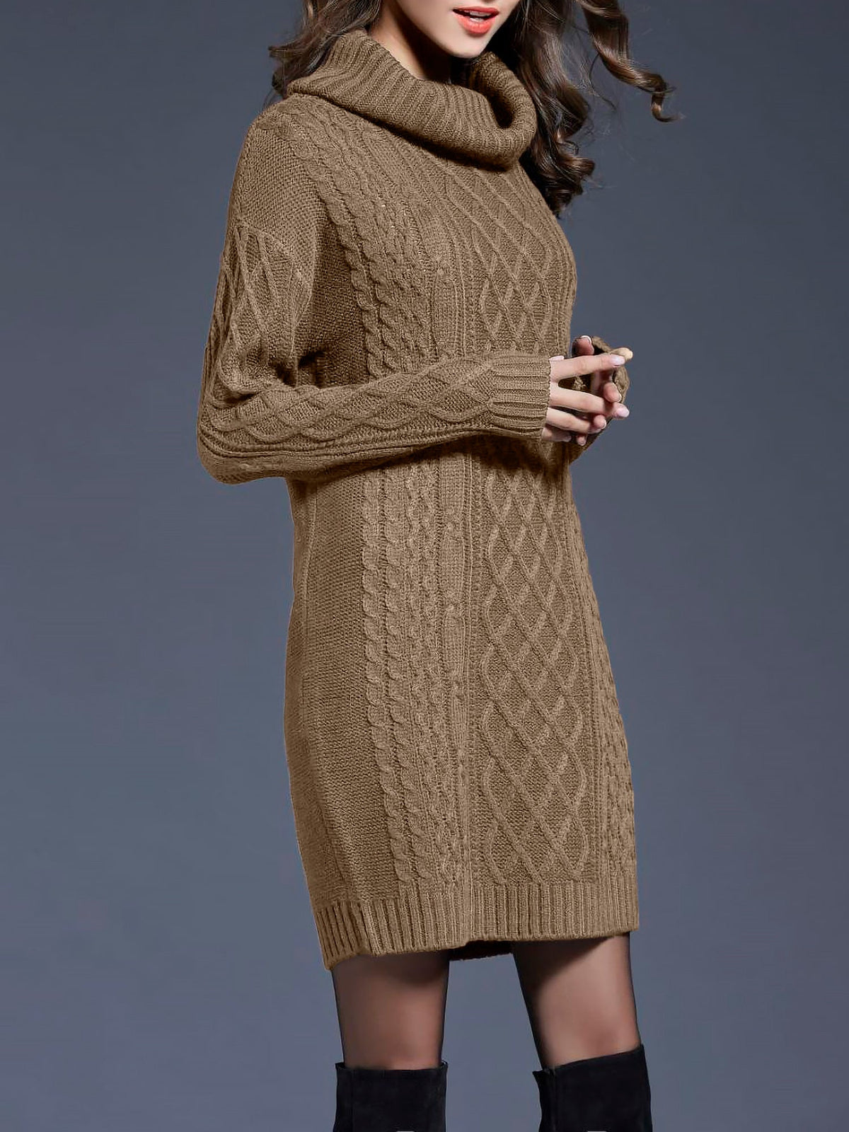 Turtle Neck Twist Knit Long Sleeves Mini Sweater Dress