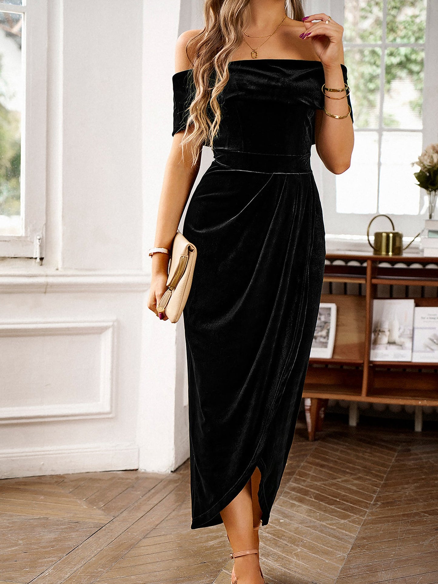 Off Shoulder Velvet Ruched Slit Midi Bodycon Dress