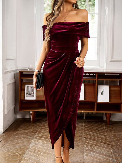 Off Shoulder Velvet Ruched Slit Midi Bodycon Dress