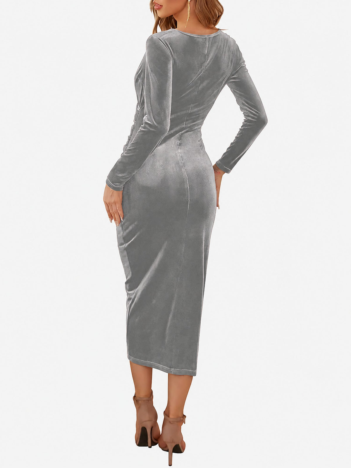 Solid Color Velvet Ruched Cocktail Midi Bodycon Dress