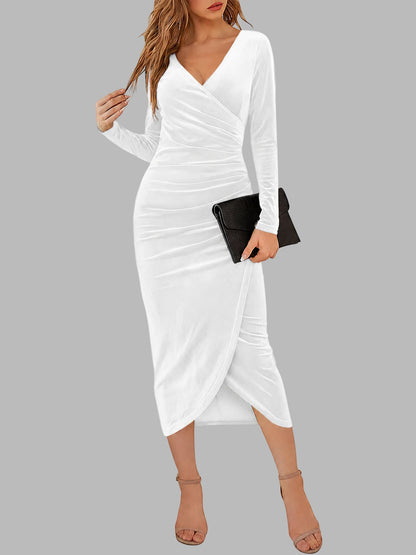 Solid Color Velvet Ruched Cocktail Midi Bodycon Dress