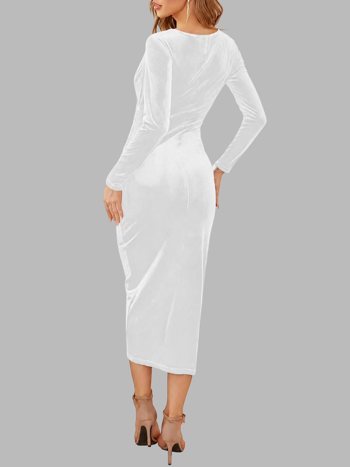 Solid Color Velvet Ruched Cocktail Midi Bodycon Dress