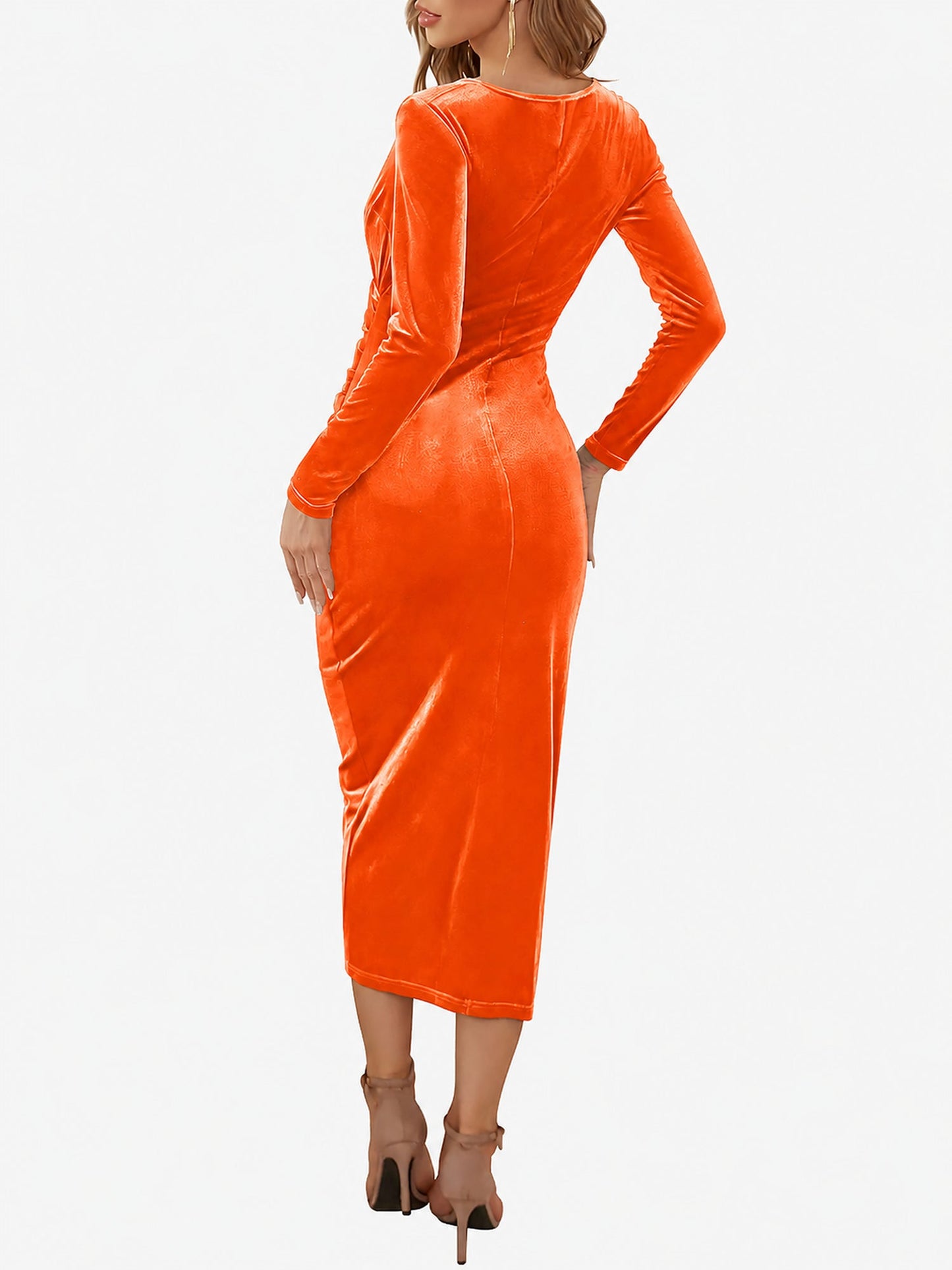 Solid Color Velvet Ruched Cocktail Midi Bodycon Dress