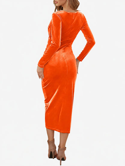 Solid Color Velvet Ruched Cocktail Midi Bodycon Dress