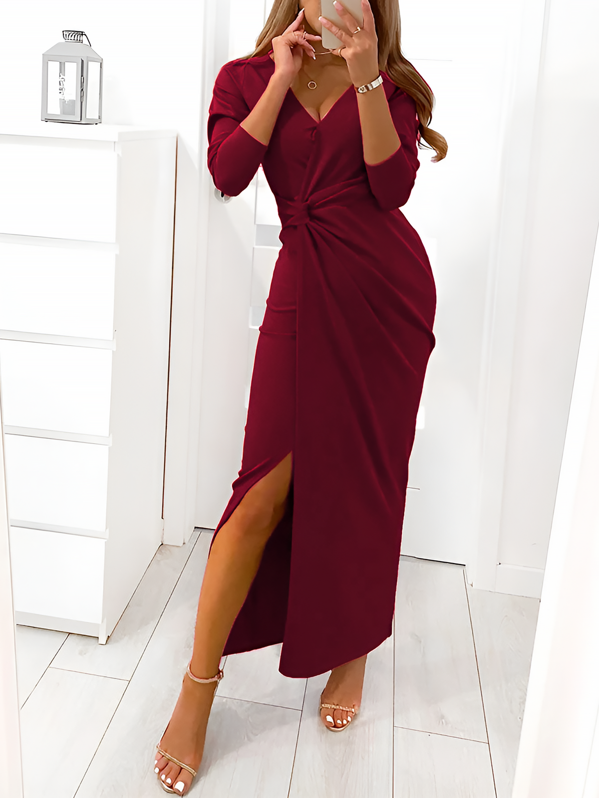 V Neck Long Sleeves Ruched Slit Bodycon Maxi Dress