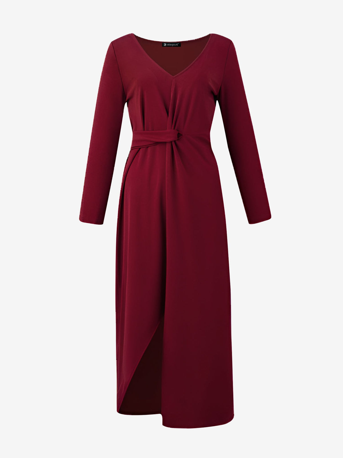 V Neck Long Sleeves Ruched Slit Bodycon Maxi Dress