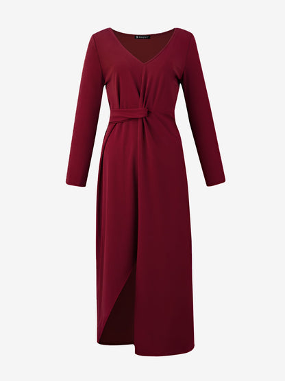 V Neck Long Sleeves Ruched Slit Bodycon Maxi Dress
