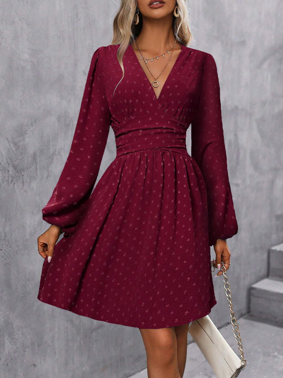Swiss Dots Lantern Long Sleeve Midi A-Line Dress
