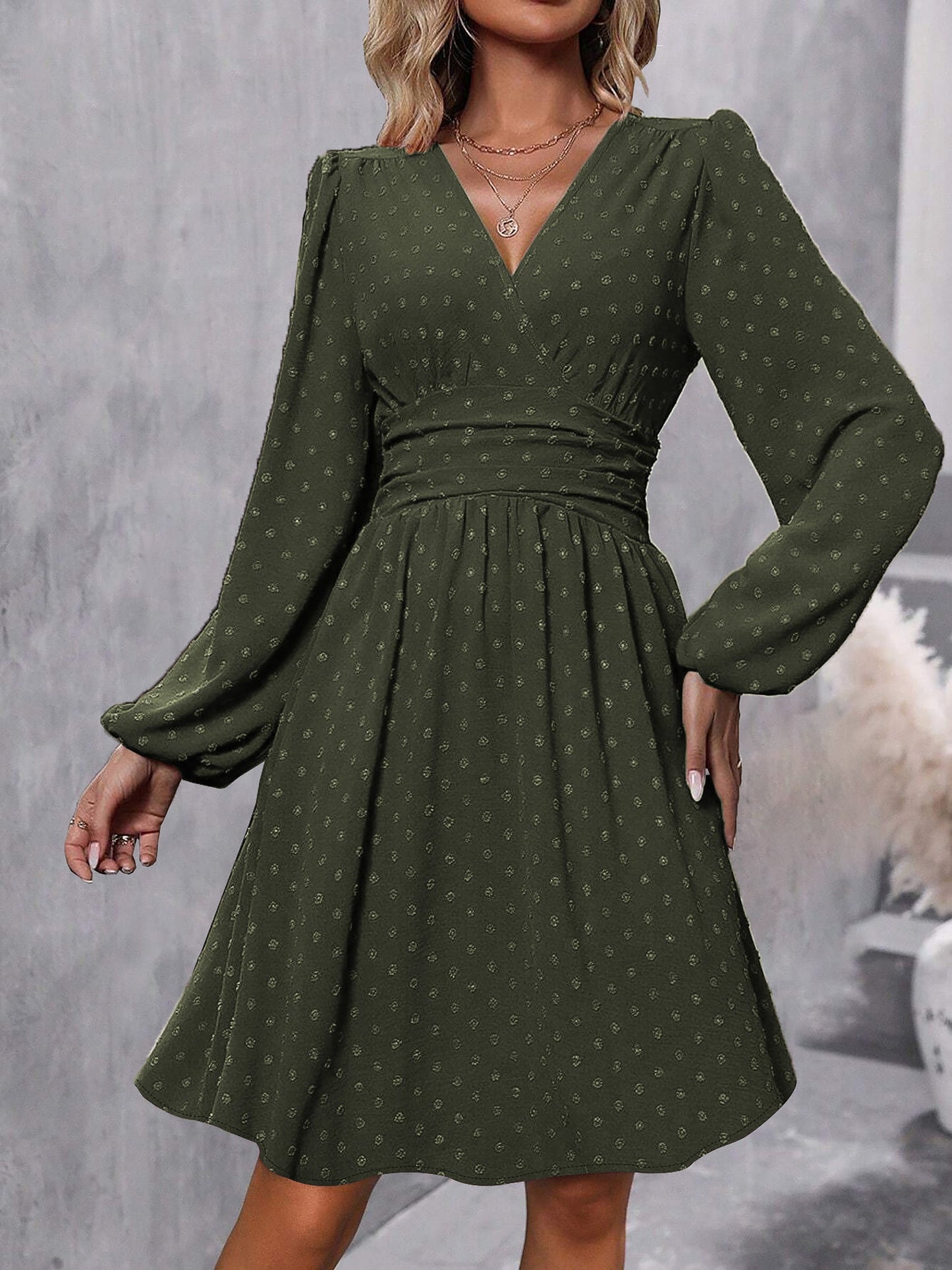 Swiss Dots Lantern Long Sleeve Midi A-Line Dress