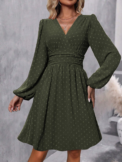 Swiss Dots Lantern Long Sleeve Midi A-Line Dress
