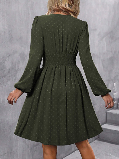 Swiss Dots Lantern Long Sleeve Midi A-Line Dress