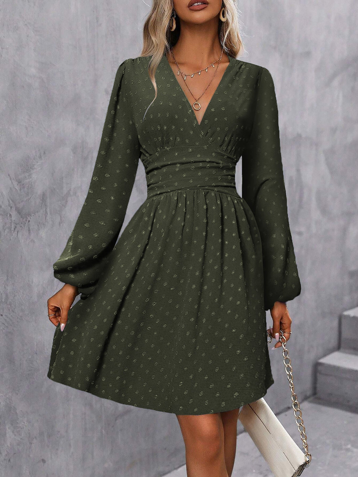 Swiss Dots Lantern Long Sleeve Midi A-Line Dress