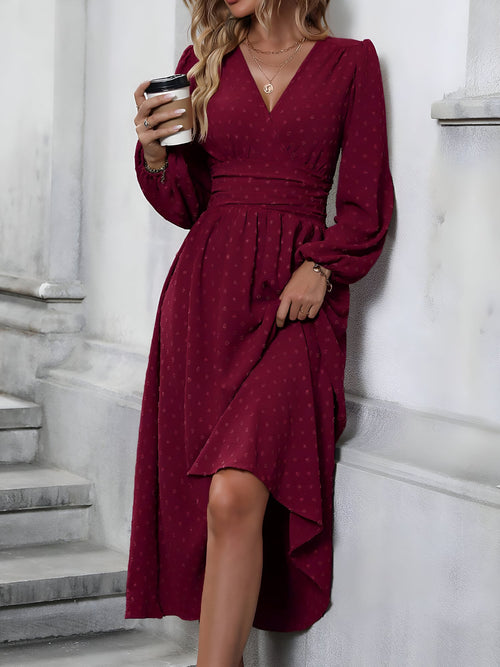 Vintage-Chic V Neck Swiss Polka Dots Lantern Long Sleeve Midi Office Dress