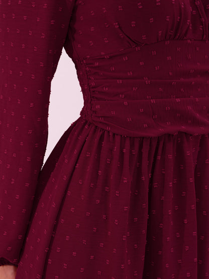 Vintage-Chic V Neck Swiss Polka Dots Lantern Long Sleeve Midi Office Dress