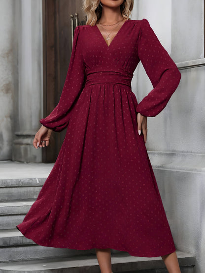 Vintage-Chic V Neck Swiss Polka Dots Lantern Long Sleeve Midi Office Dress