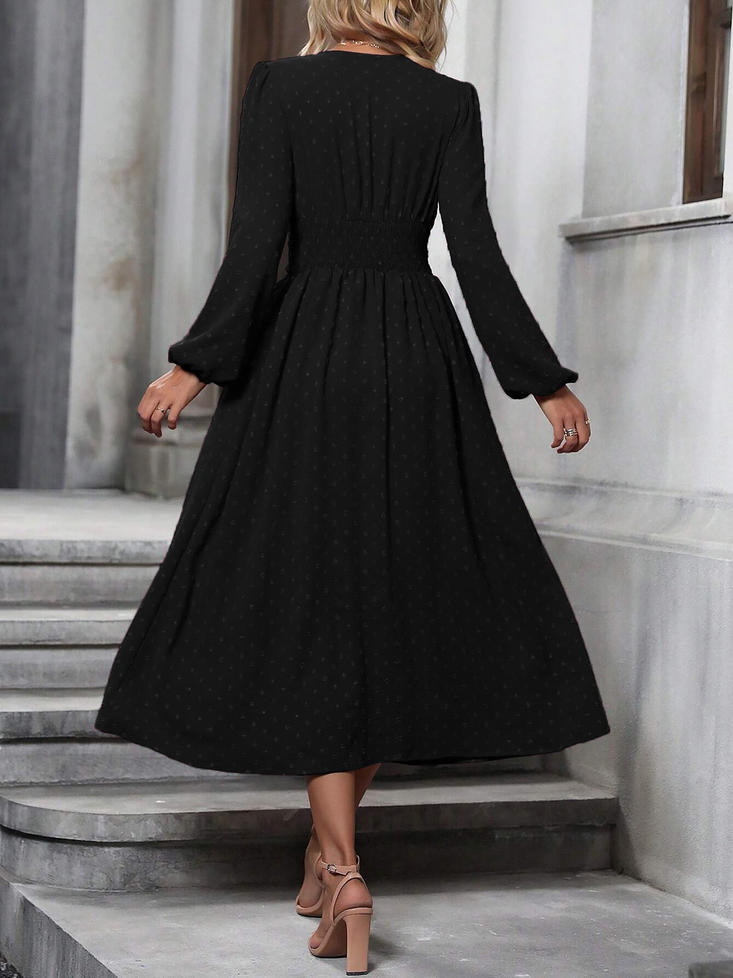 Vintage-Chic V Neck Swiss Polka Dots Lantern Long Sleeve Midi Office Dress