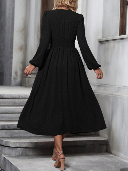 Vintage-Chic V Neck Swiss Polka Dots Lantern Long Sleeve Midi Office Dress