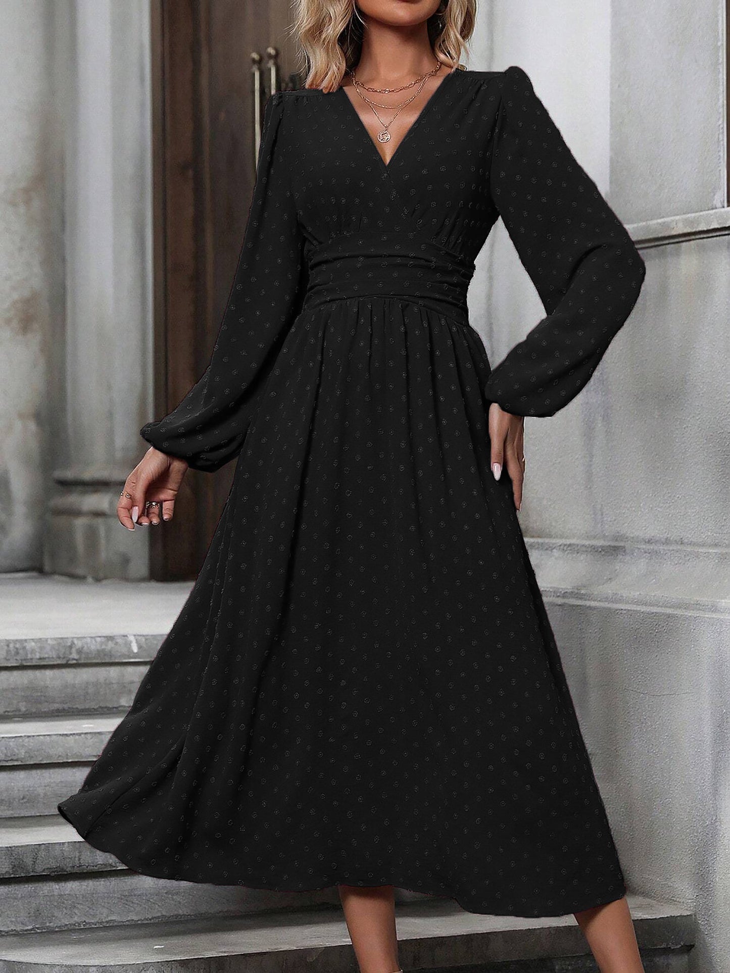 Vintage-Chic V Neck Swiss Polka Dots Lantern Long Sleeve Midi Office Dress